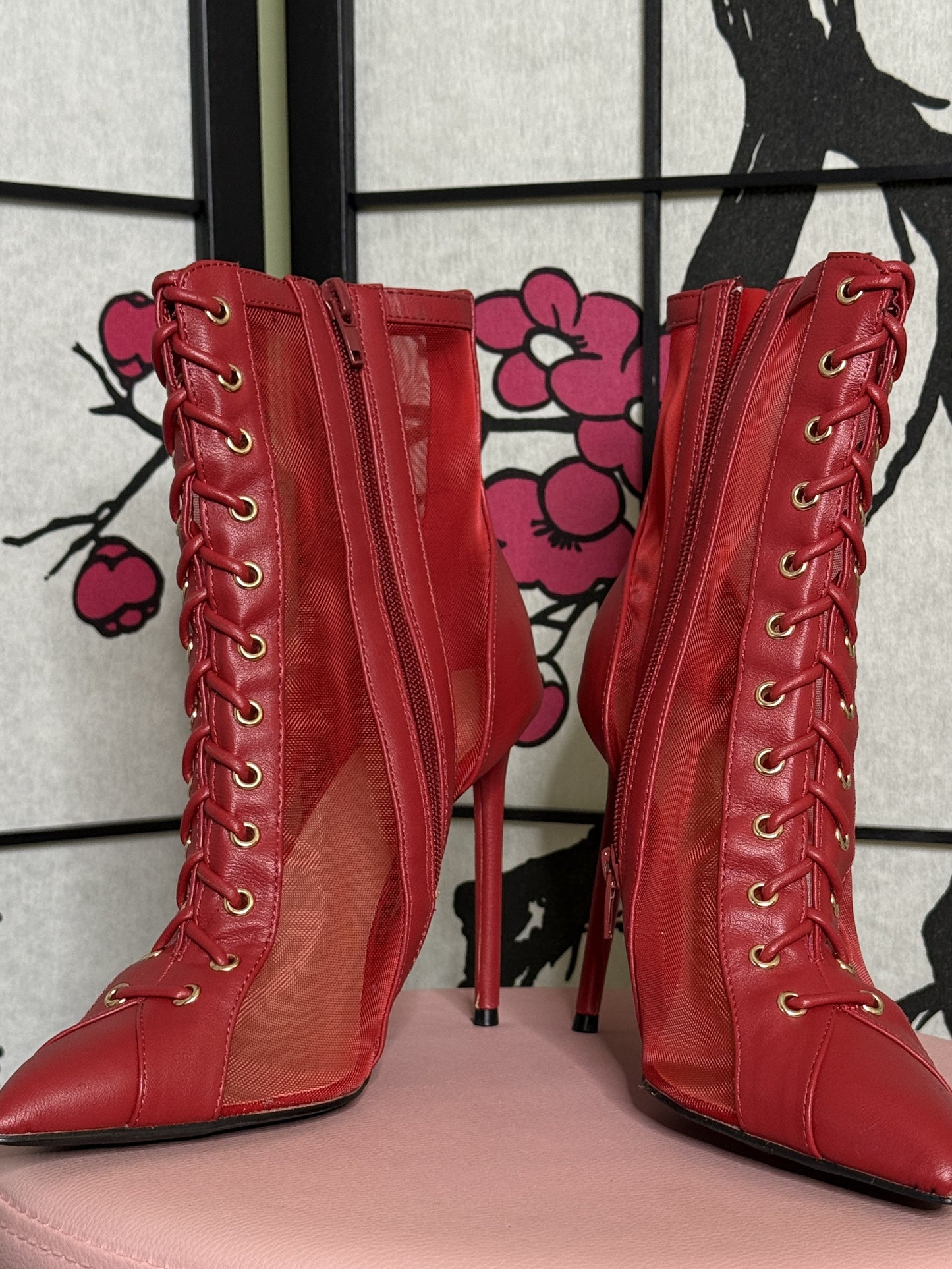 Lace-Up Mesh High Heel Stiletto Boots