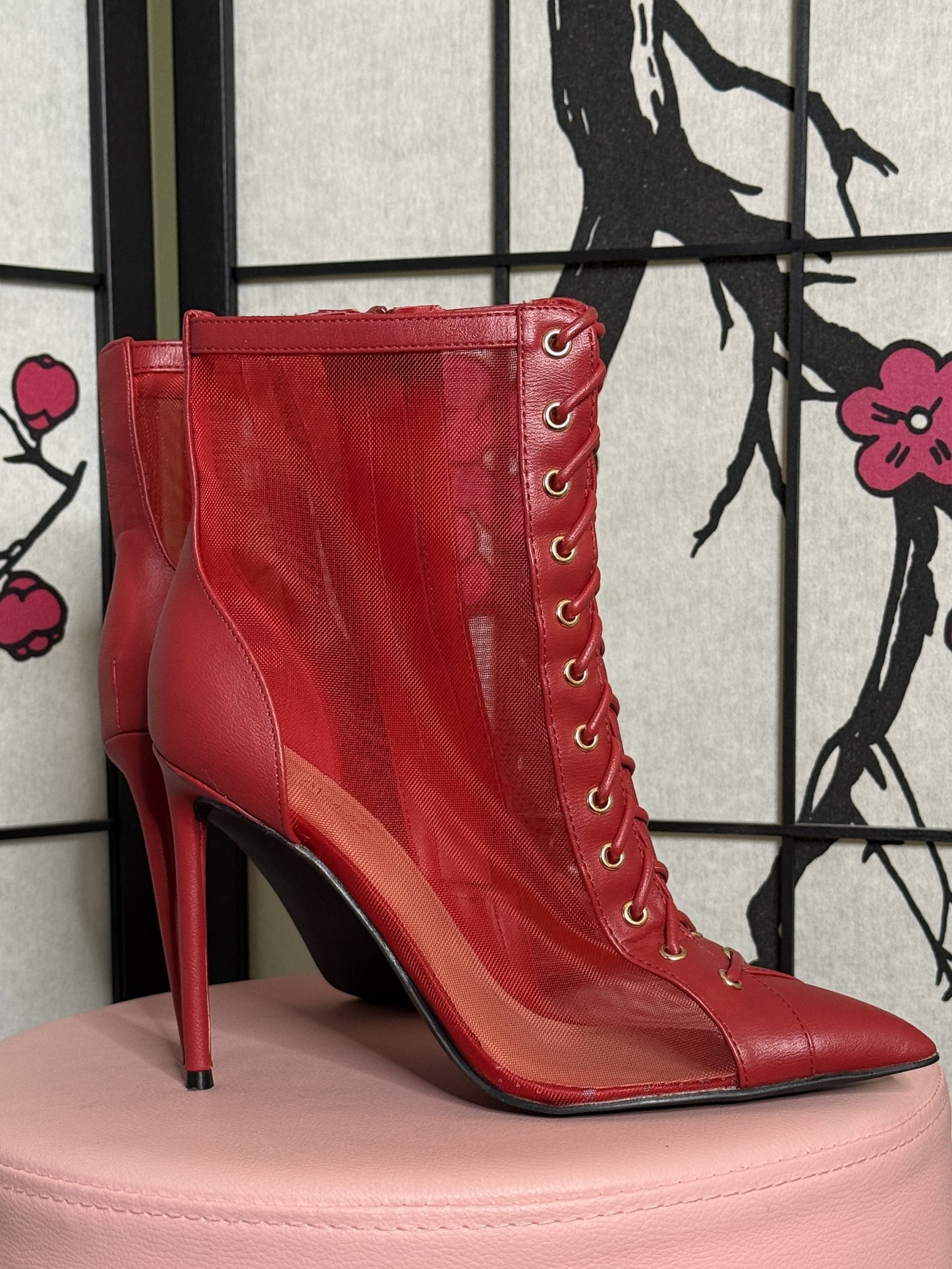 Lace-Up Mesh High Heel Stiletto Boots