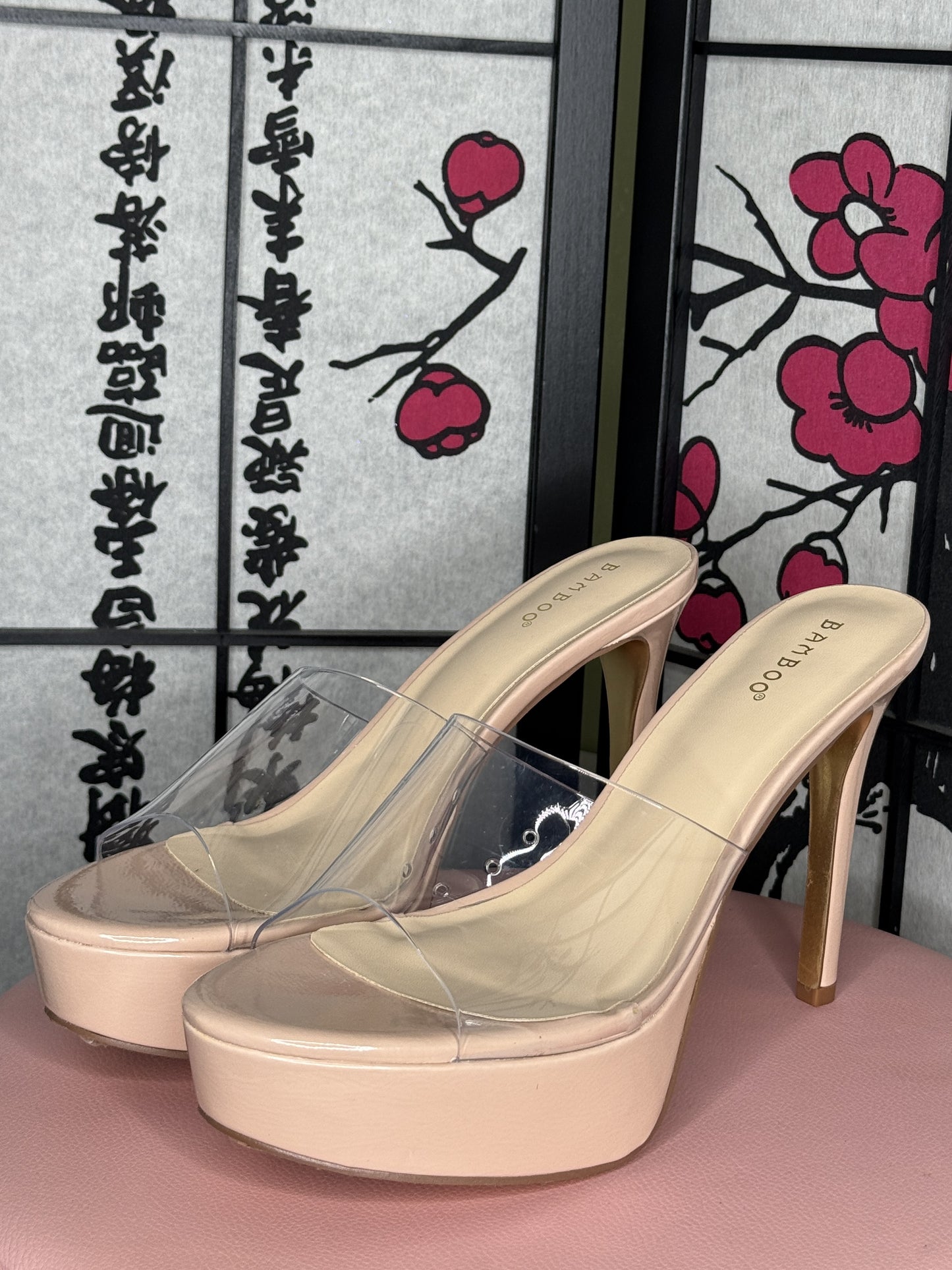 Nude Platform Clear Strap Stiletto Mules – Slip-On High Heels