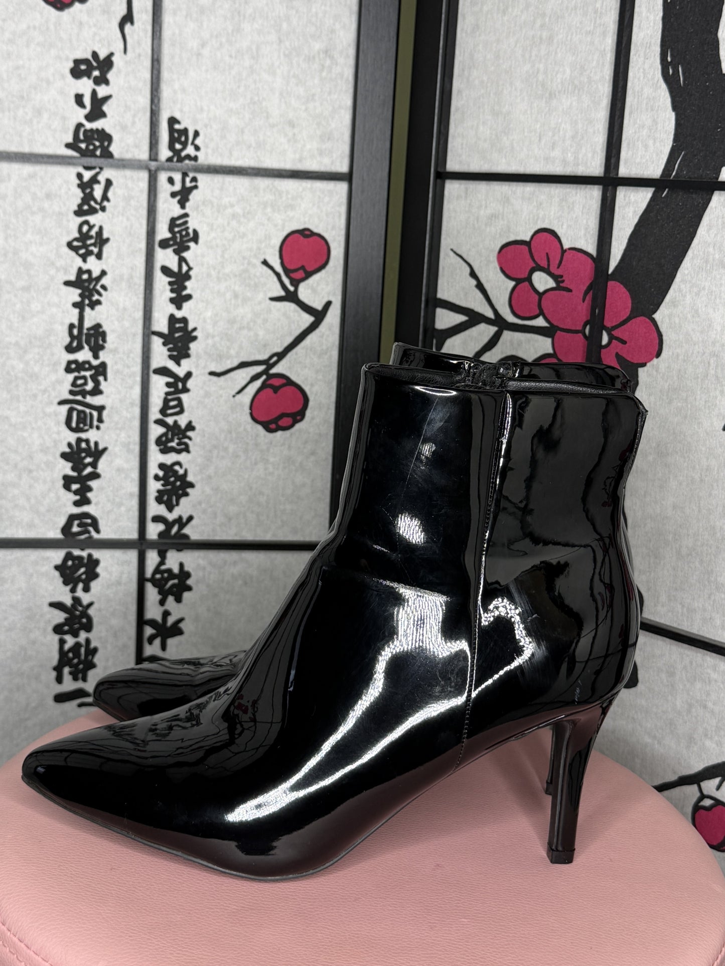 Pointy Toe Mid Heel Booties - black patent